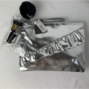 Women's Pouch Clutch Silver Ruffle w/ Phone Charger & Pompom Keychain NWT